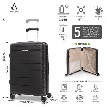 Aerolite Medium 24in (67L) Lightweight Polypropylene Hard Shell Check-In Luggage Suitcase, Dual 4-Spinner Wheels, TSA Lock, Organised Interior, Durable Travel Case – Black